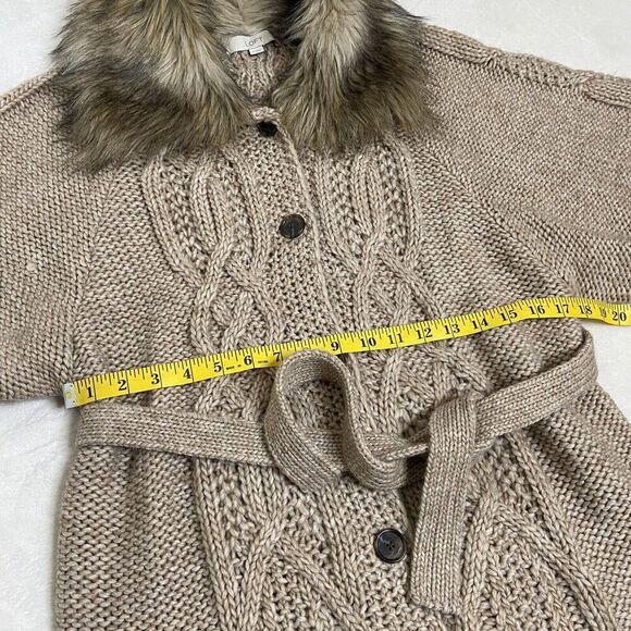 Loft Acrylic Wool Alpaca Chunky Knit Cardigan Sweater Faux Fur Collar Tan/Cream - Picture 8 of 12